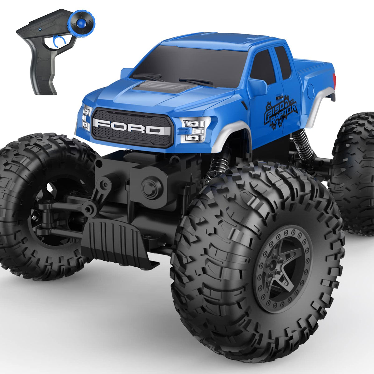 DOUBLE E Ford Raptor RC car front view highlighting rugged off-road styling for kids