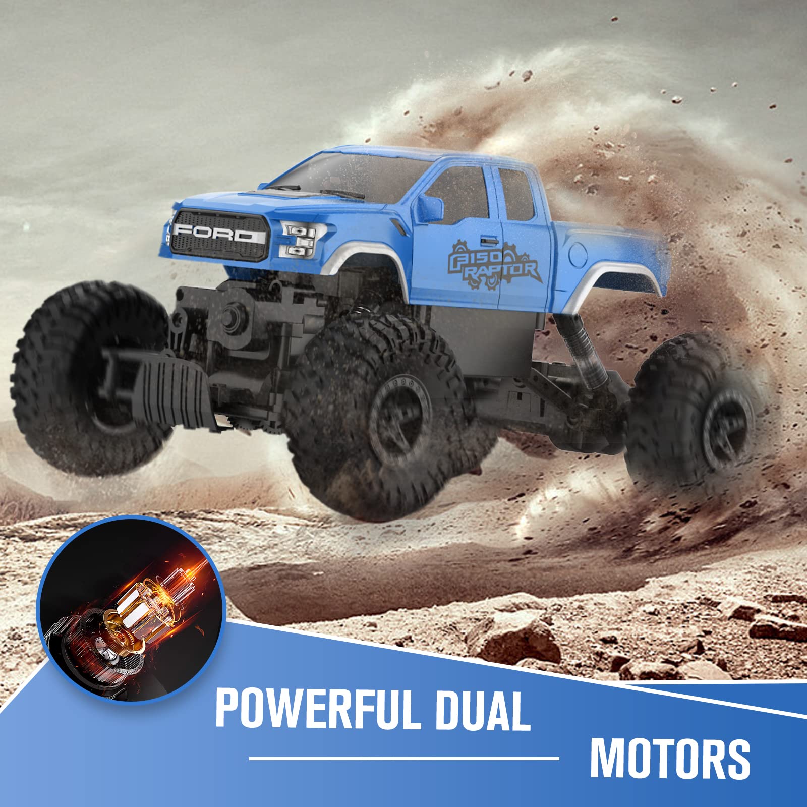 DOUBLE E Ford Raptor RC car rear view showing sturdy build for outdoor play