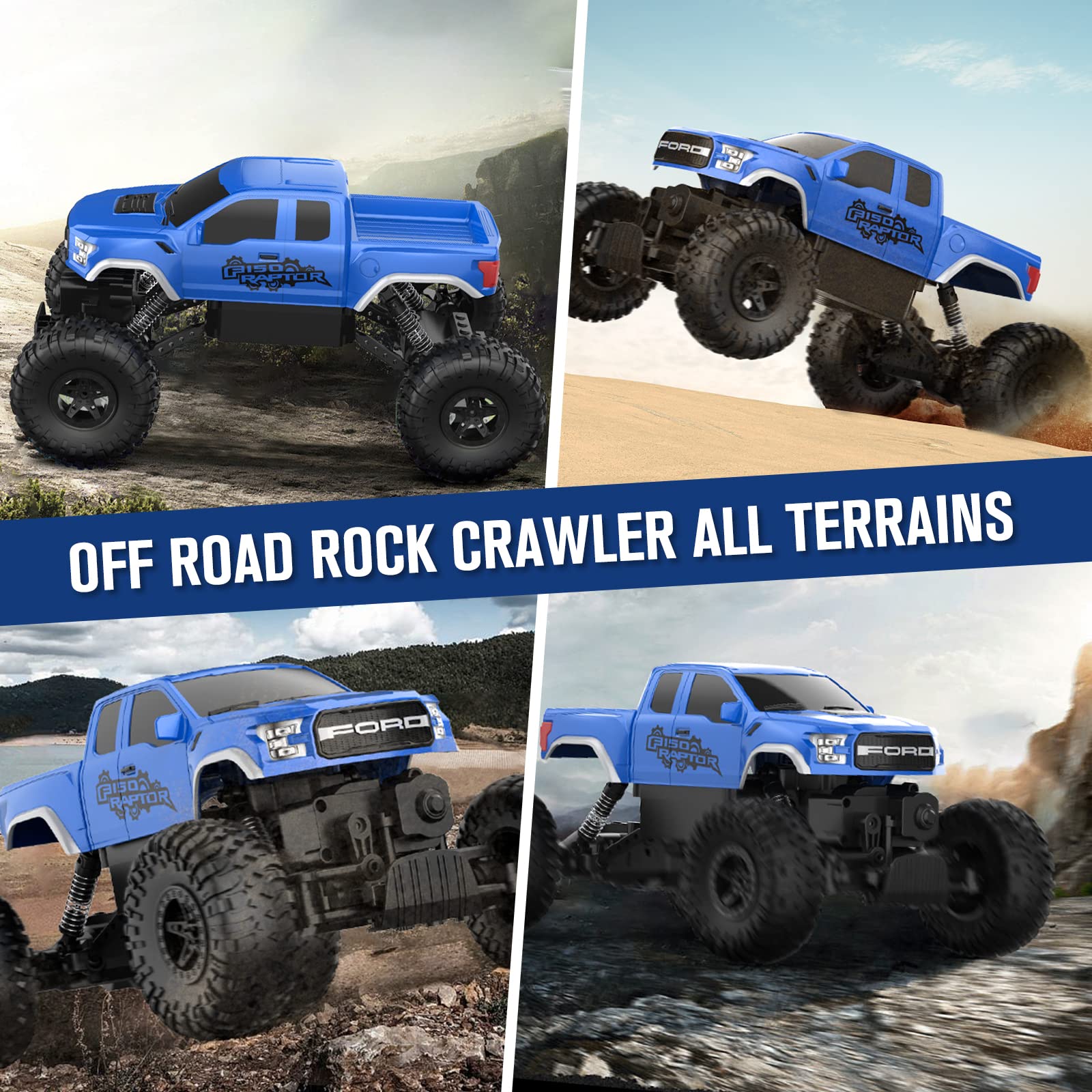 DOUBLE E Ford Raptor RC car side profile emphasizes 4x4 capability on rough terrain
