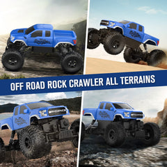 DOUBLE E Ford Raptor RC car side profile emphasizes 4x4 capability on rough terrain
