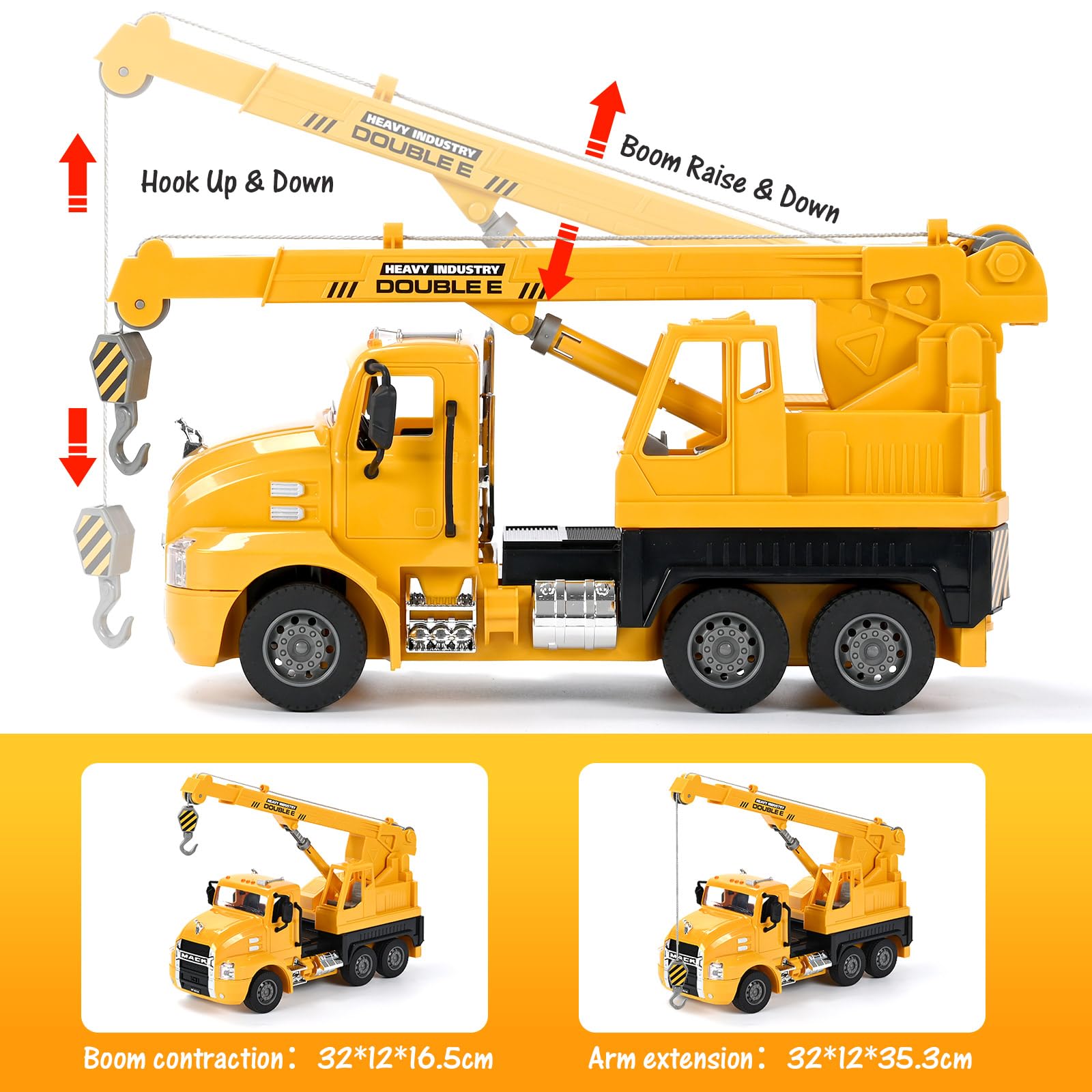 DOUBLE E Mack RC crane truck 360-degree rotation feature supports dynamic play.