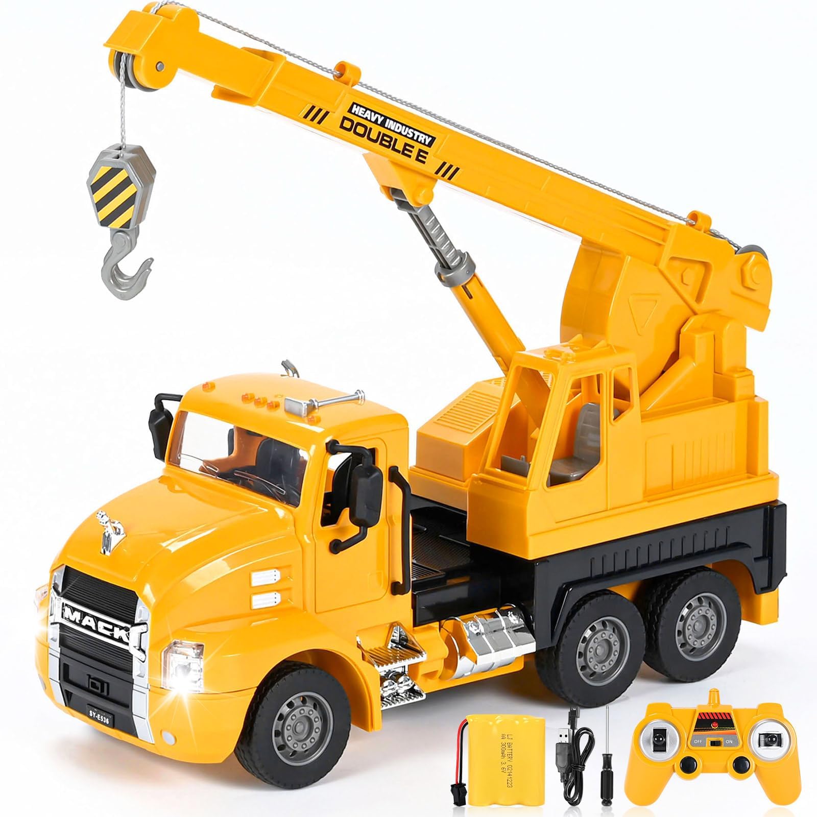 DOUBLE E Mack RC crane truck front view shows the realistic cab for imaginative play.