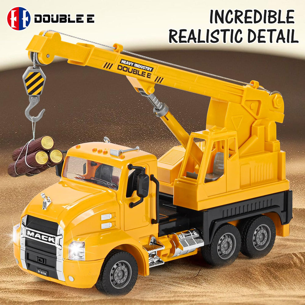 DOUBLE E Mack RC crane truck LED lights enhance night-time play experiences.