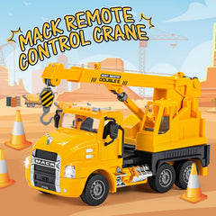 DOUBLE E Mack RC crane truck side view shows rotating boom for action builds.