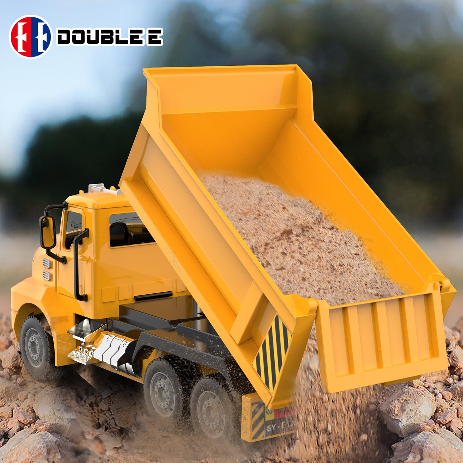 DOUBLE E Mack RC Dump Truck 4WD motor tackles outdoor terrain.