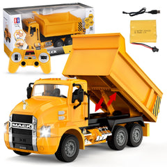 DOUBLE E Mack RC Dump Truck front view with lights for realistic play.