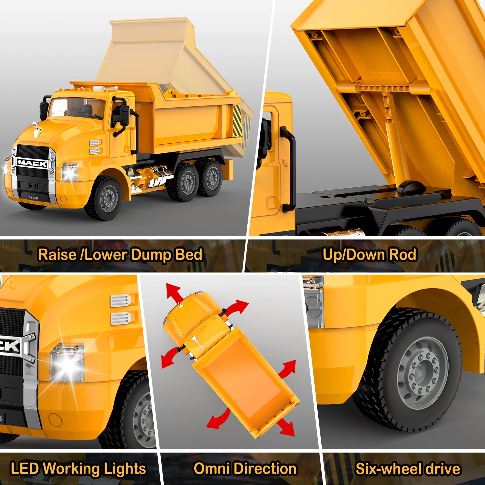 DOUBLE E Mack RC Dump Truck with interactive sounds and lights.
