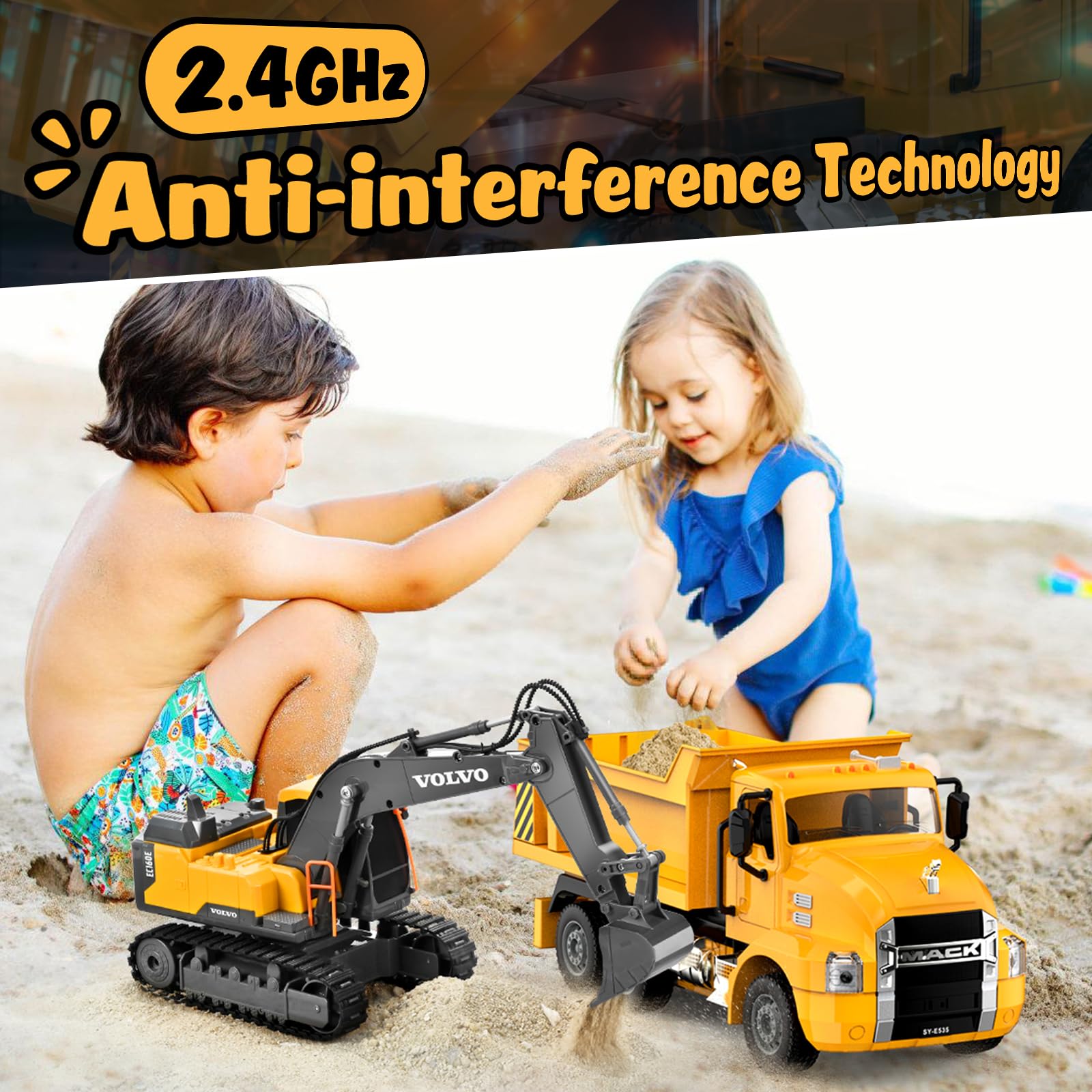 DOUBLE E Mack RC Dump Truck rechargeable battery for extended play.