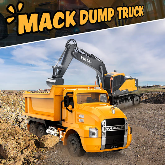 DOUBLE E Mack RC Dump Truck side-dump bed ready to unload sand.