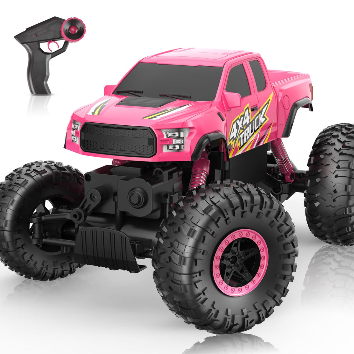 DOUBLE E Raptor F150 RC car front view with pink shell and grip tires for outdoor play.