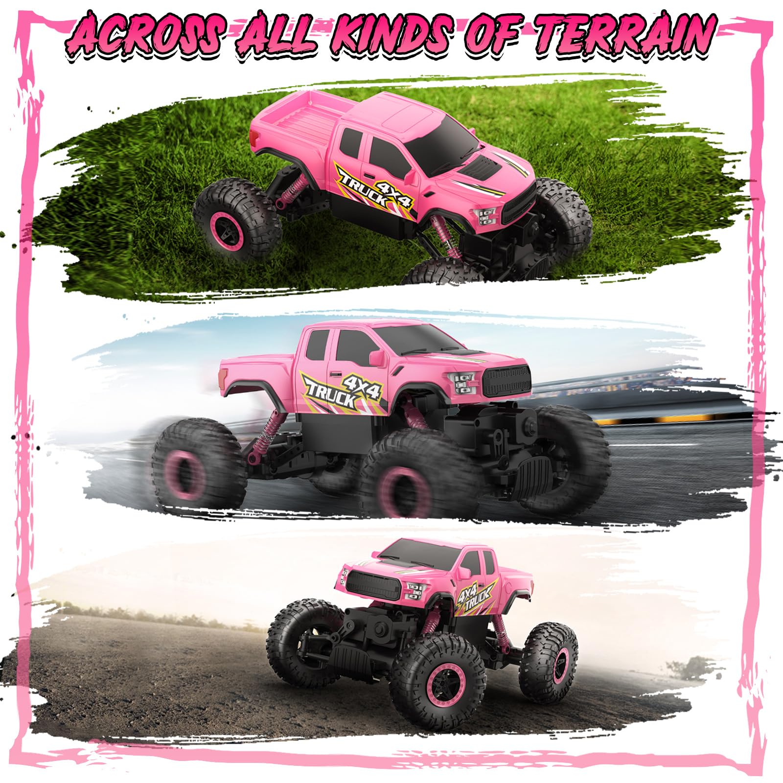 DOUBLE E Raptor F150 RC car pink shell close-up for kids' appeal.