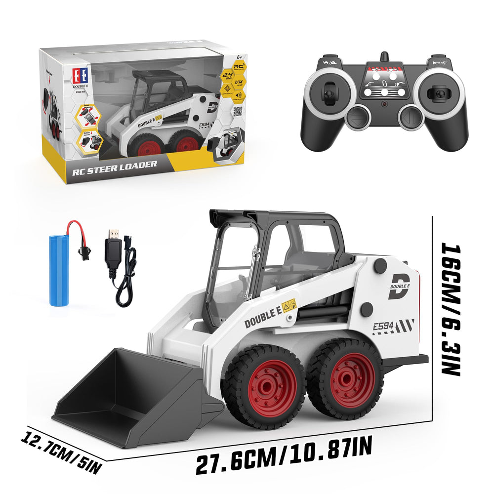DOUBLE E RC skid steer loader toy ABS material and rounded edges for safe handling.