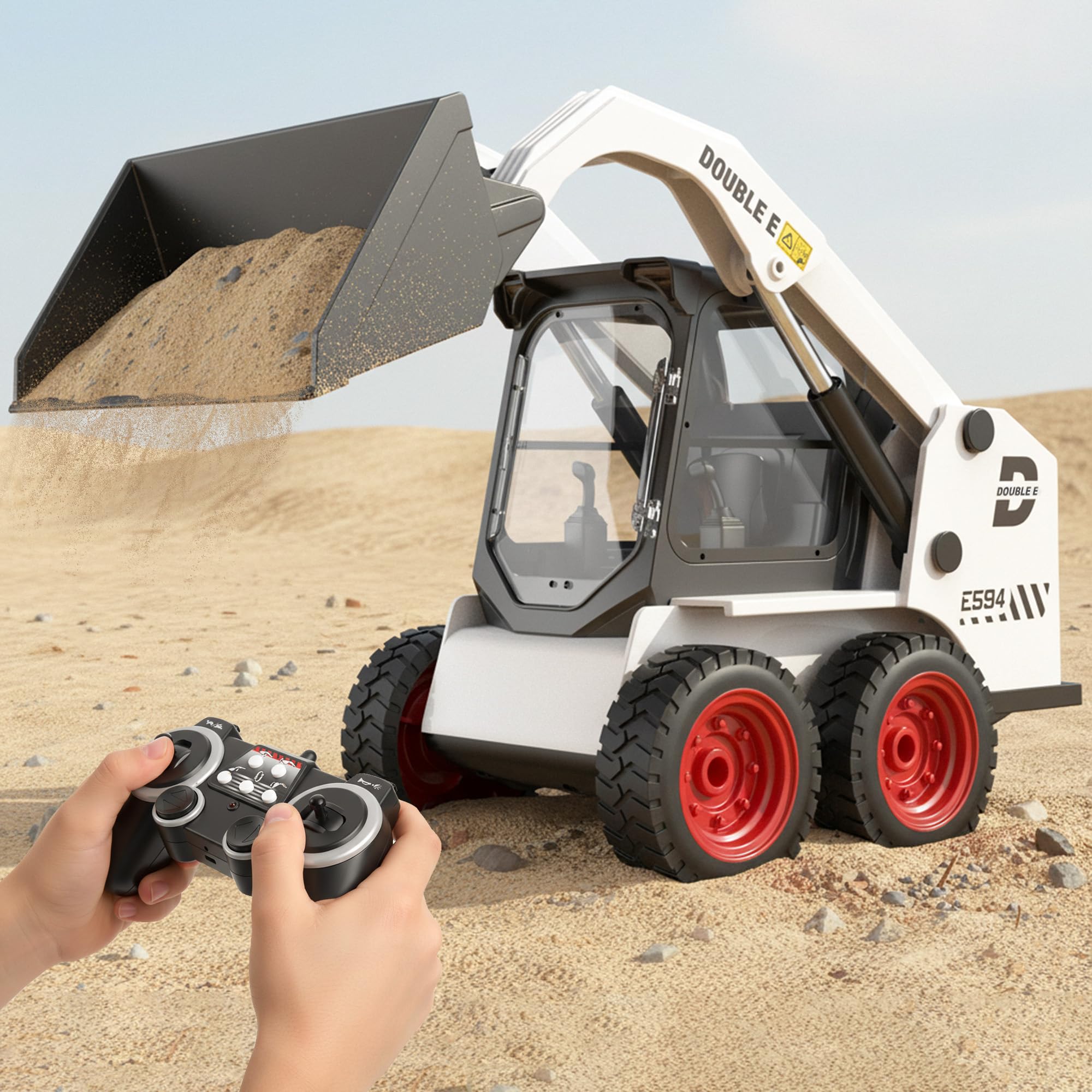DOUBLE E RC skid steer loader toy front loader action enhances imaginative play.