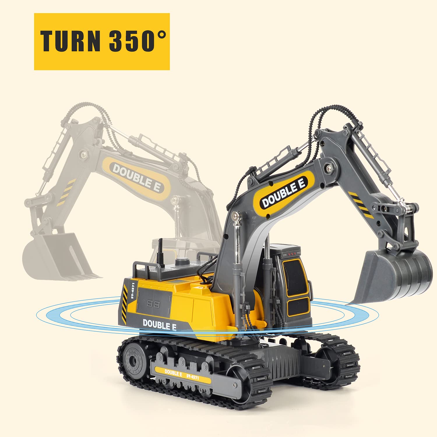 Double E RC excavator digging action in sandbox for creativity.