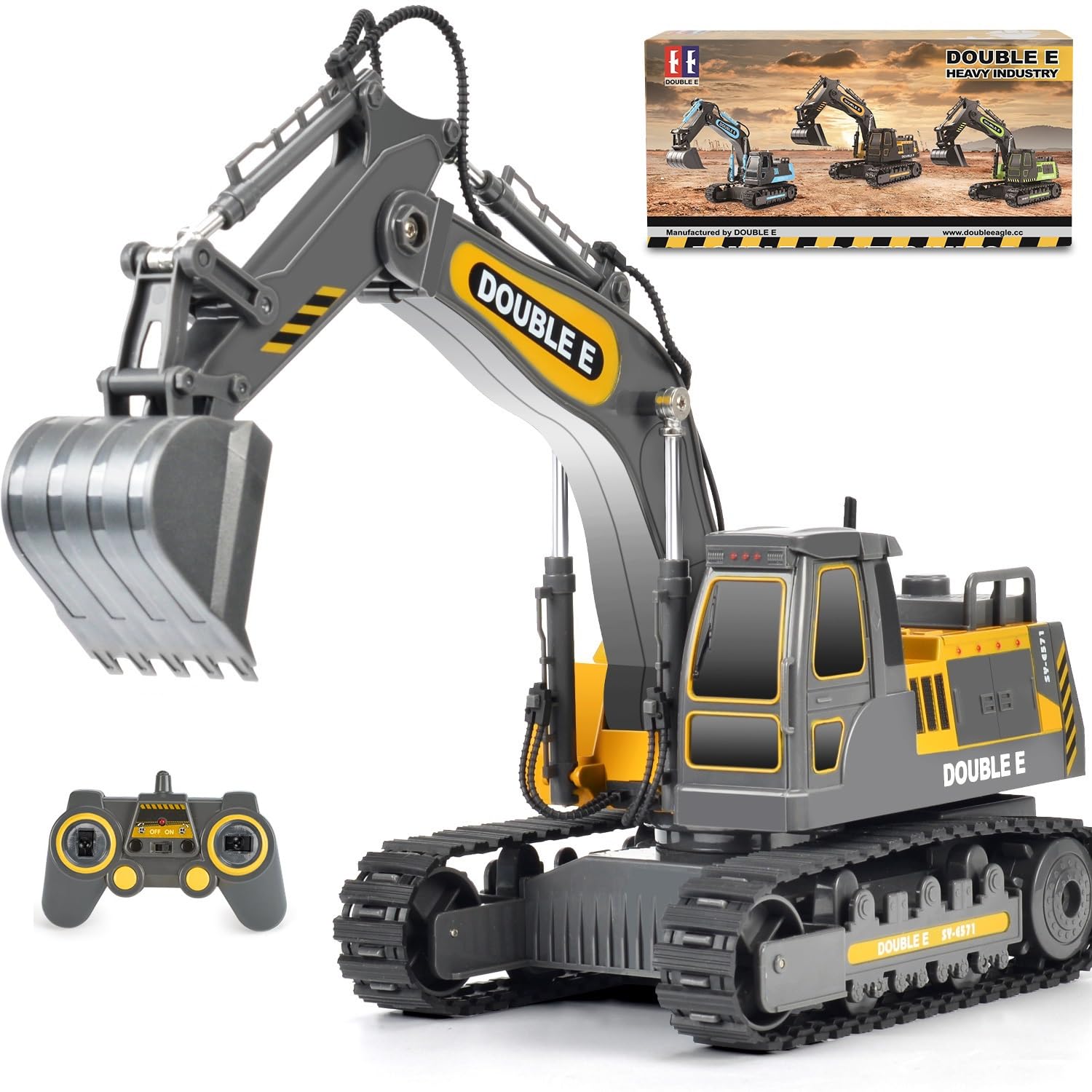 Double E remote control excavator front view for imaginative play.