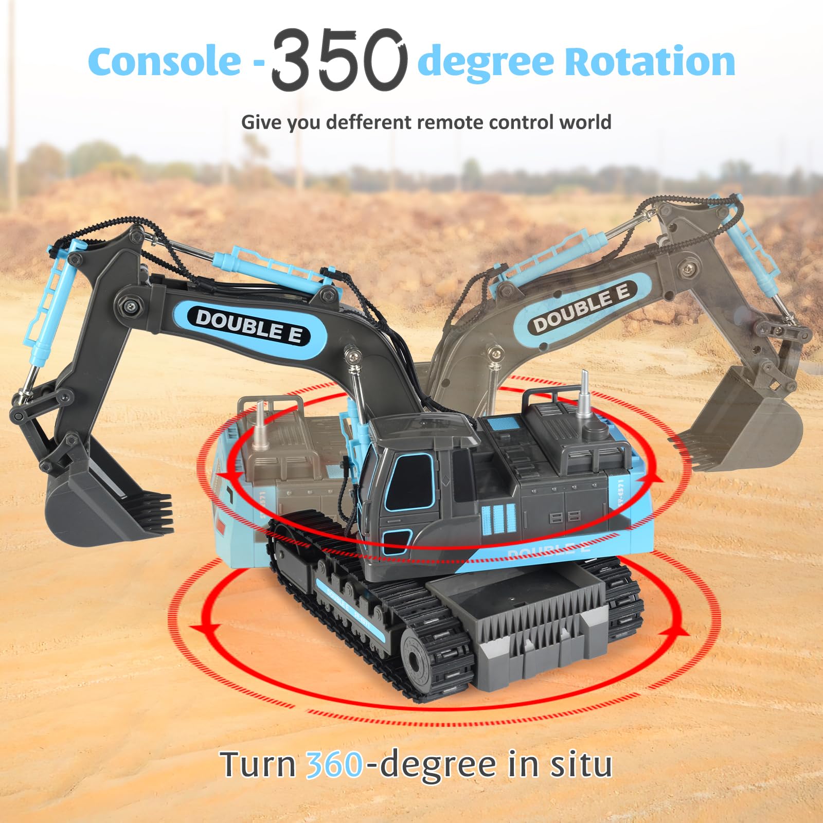DOUBLE E RC excavator toy side view highlighting portable design for play