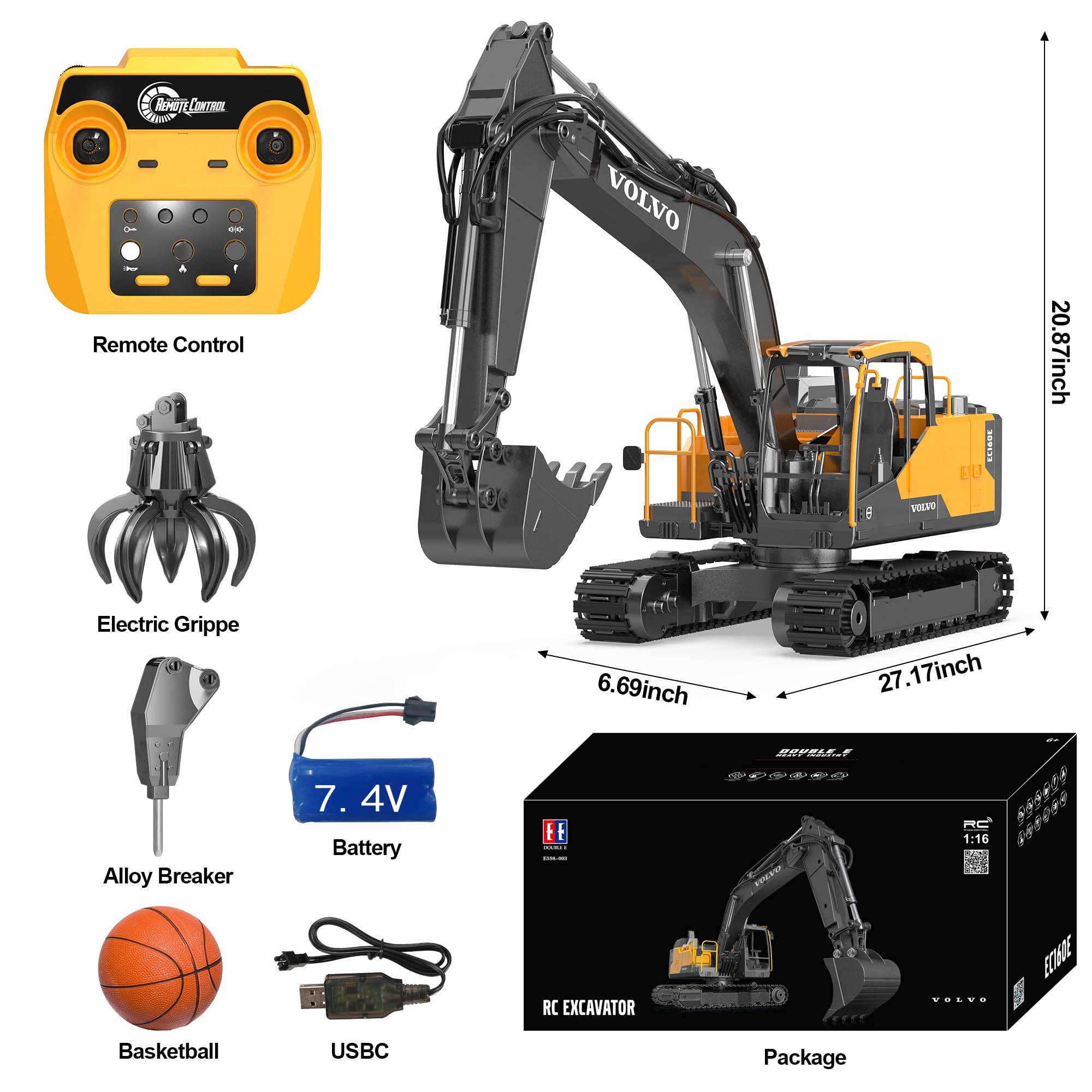 DOUBLE E Volvo 1:16 excavator rechargeable battery for extended play