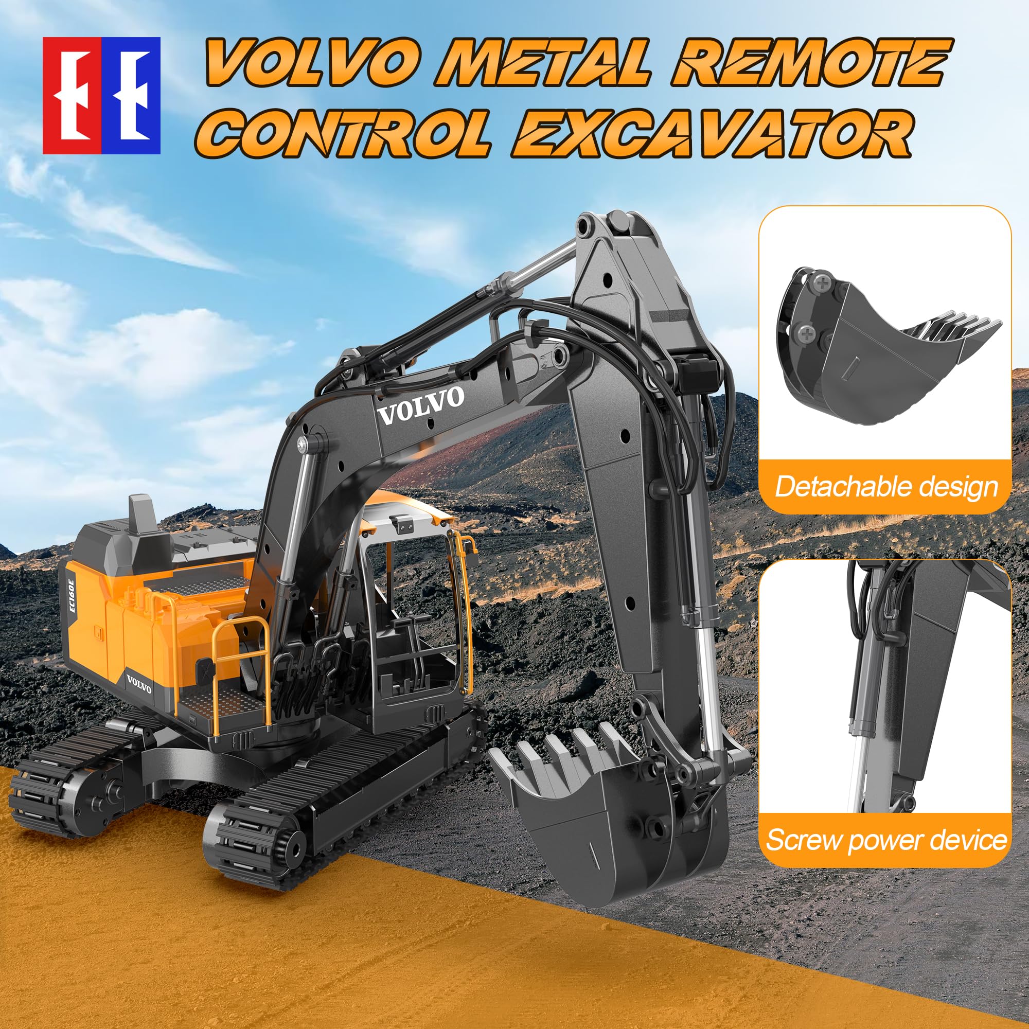 DOUBLE E Volvo 1:16 excavator drill head ready for task switching