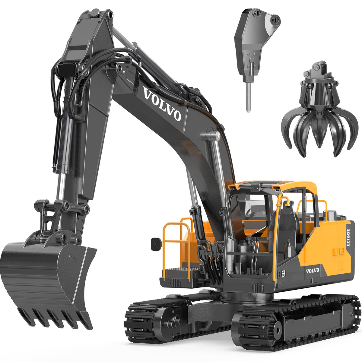 DOUBLE E Volvo 1:16 excavator front view for realistic play