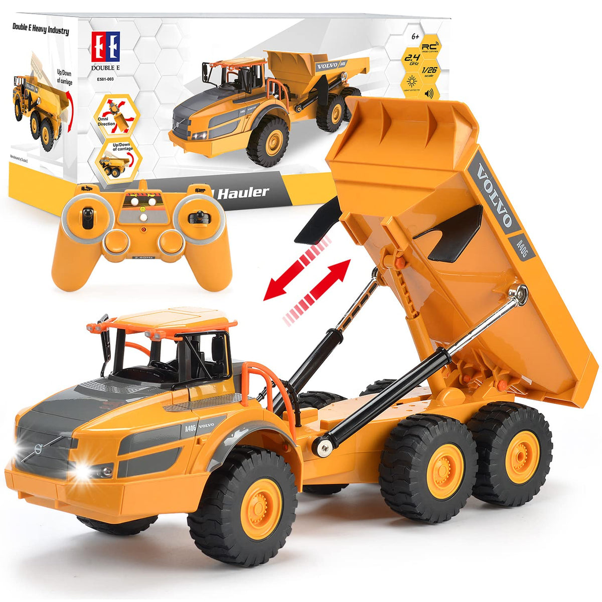 DOUBLE E Volvo RC dump truck lights enhance realism for imaginative play