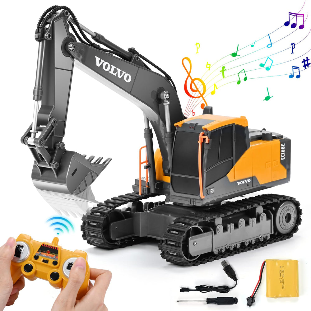 Double E Volvo RC excavator diecast body showcasing authentic construction details for pretend play