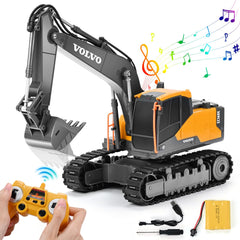 Double E Volvo RC excavator diecast body showcasing authentic construction details for pretend play
