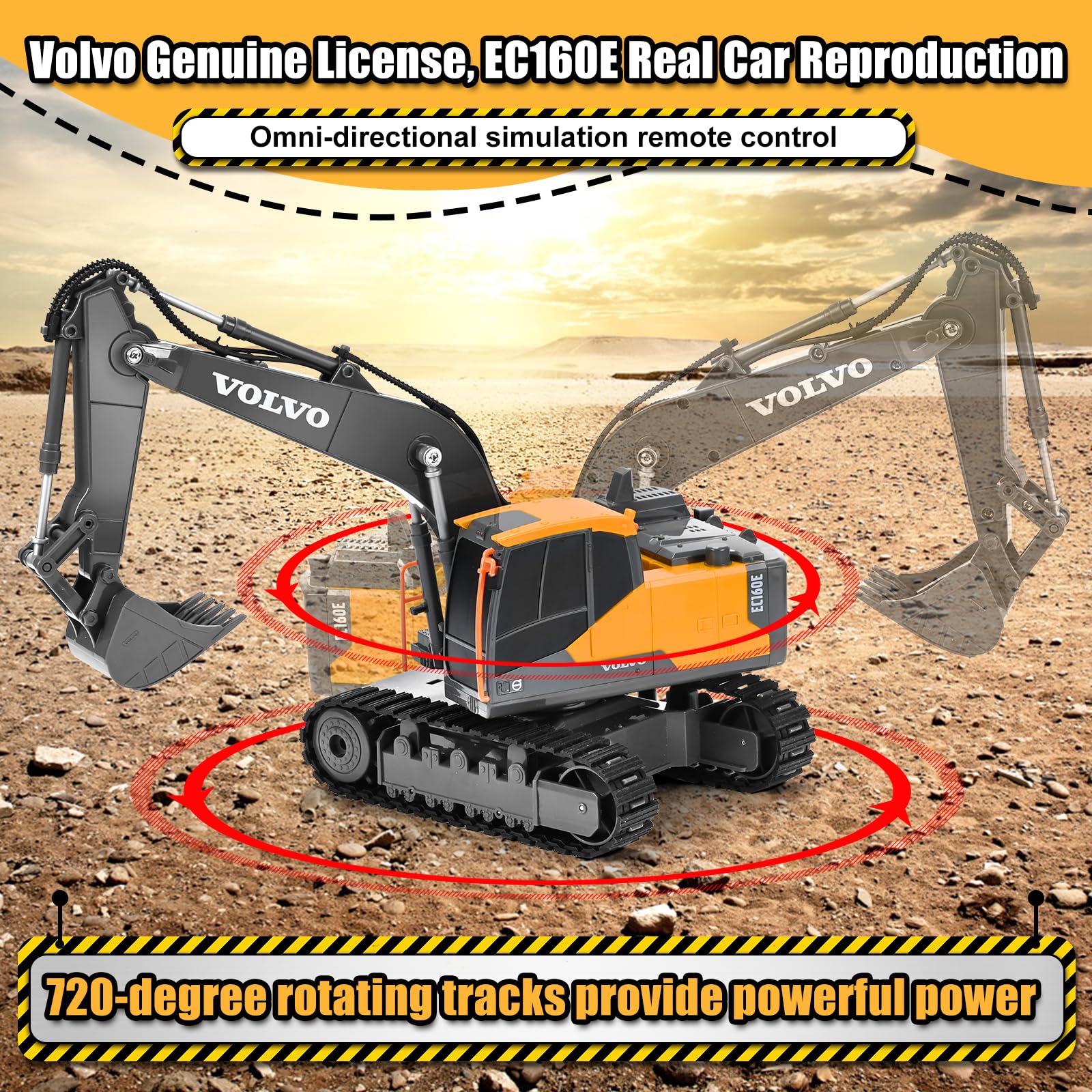 Double E Volvo RC excavator digging arm emphasizes maneouverable action for sandbox sessions