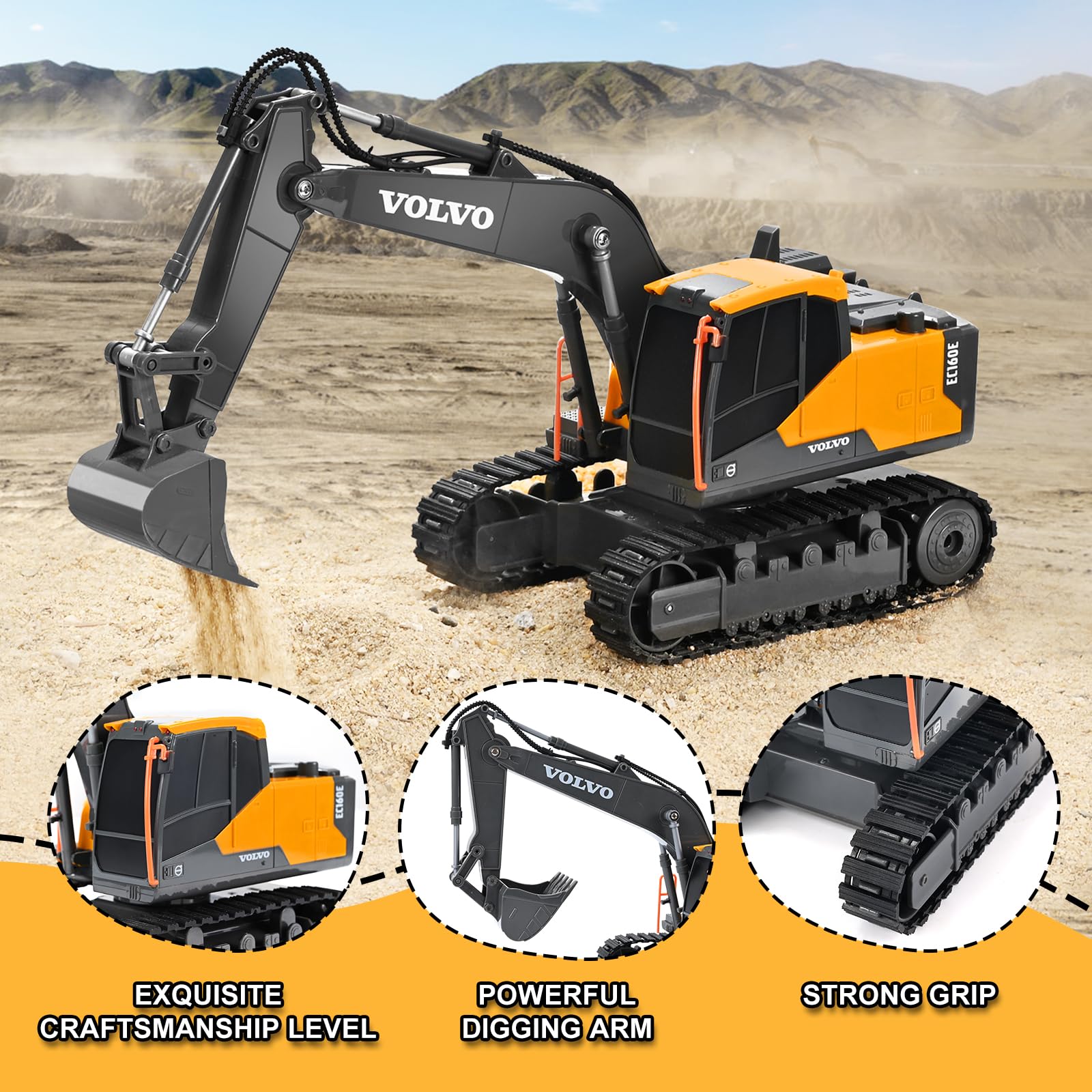 Double E Volvo RC excavator rotating cab highlights 330 degree operation for versatile play