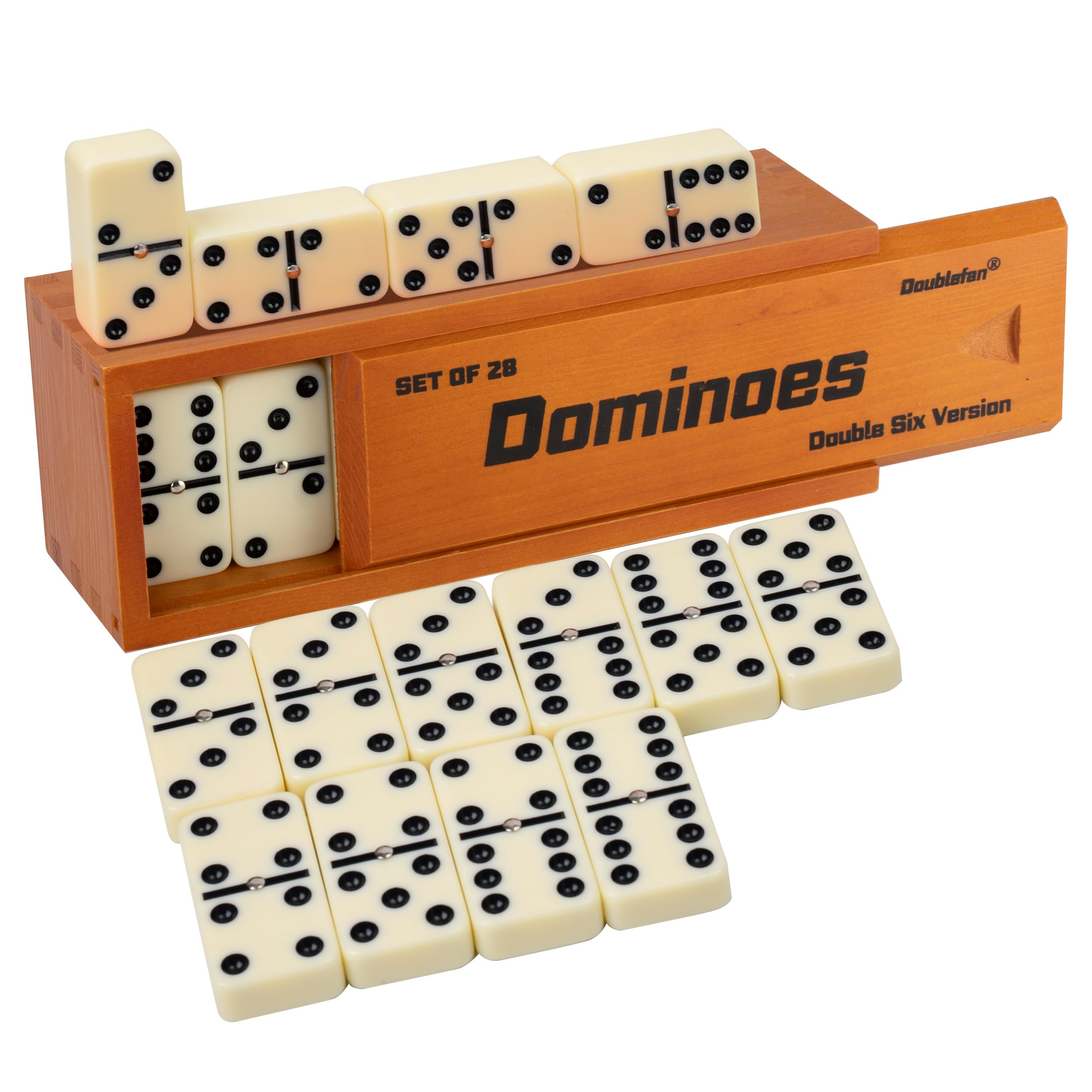 Doublefan dominoes with spinner rivet for easy turning during play.