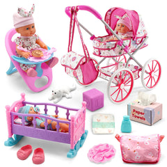 Doublekai baby doll stroller with folding umbrella for outdoor play.