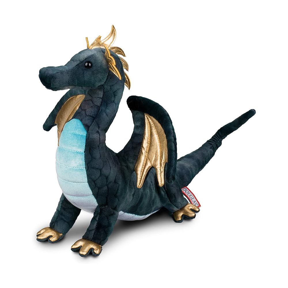 Douglas Aragon navy dragon plush with turquoise underbelly adds vibrant color.