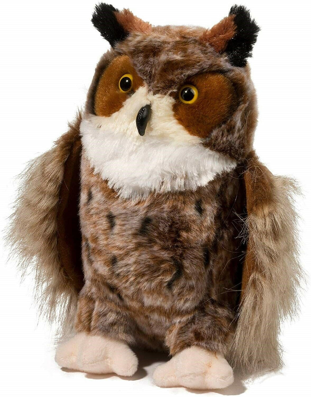 Douglas Einstein Great Horned Owl plush close-up shows soft fur and bright eyes for cozy cuddles.
