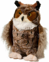 Douglas Einstein Great Horned Owl plush close-up shows soft fur and bright eyes for cozy cuddles.