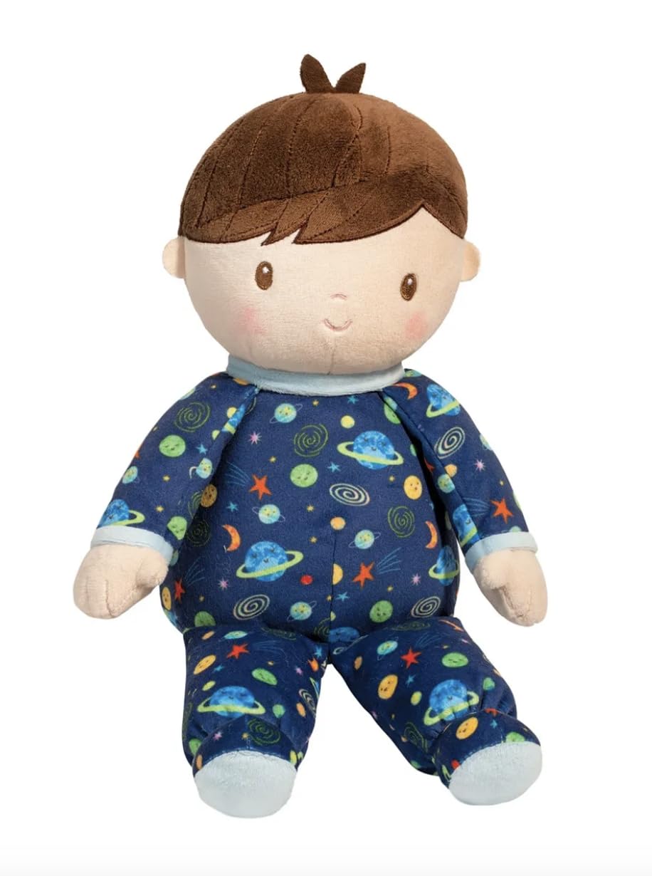 Douglas Gavin Galaxy Soft Baby Doll in navy PJs with planets, perfect for bedtime snuggles.