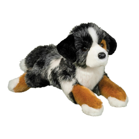 Douglas Maizie Australian Shepherd plush face close-up, lifelike eyes for comforting cuddle and imaginative play