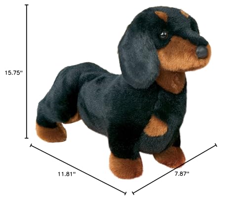 Douglas Spats black and tan dachshund plush offers a soft coat for cozy bedtime.