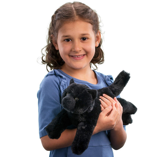 Douglas Tug Black Cat plush showcasing olive green eyes for expressive storytelling.