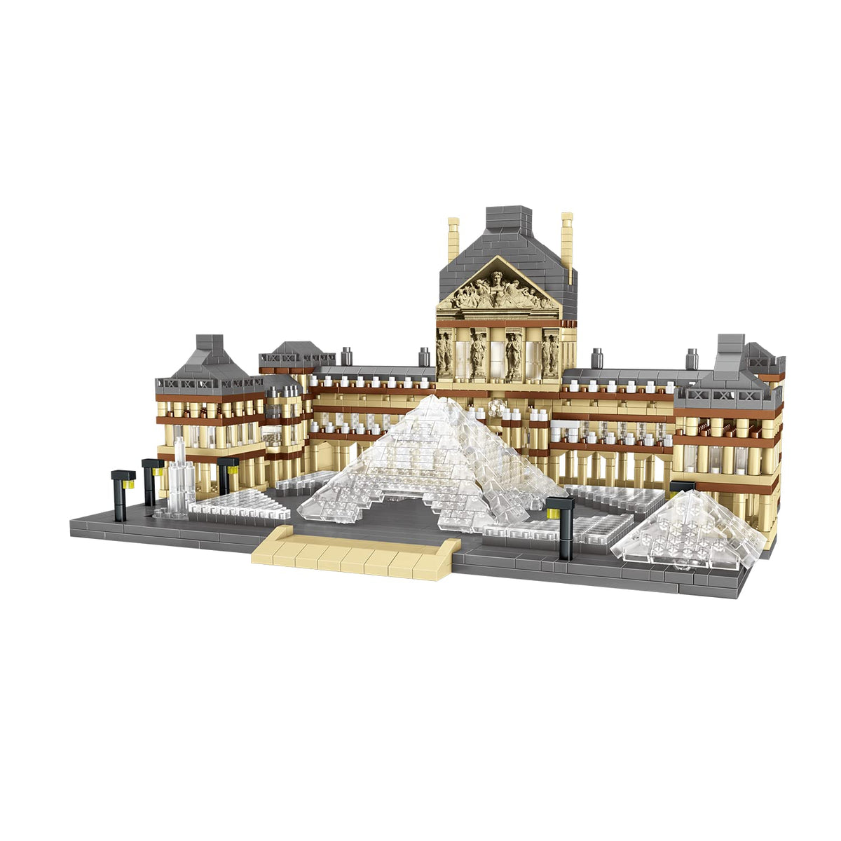 DovOb Louvre micro building blocks kit highlights refined detail for display.