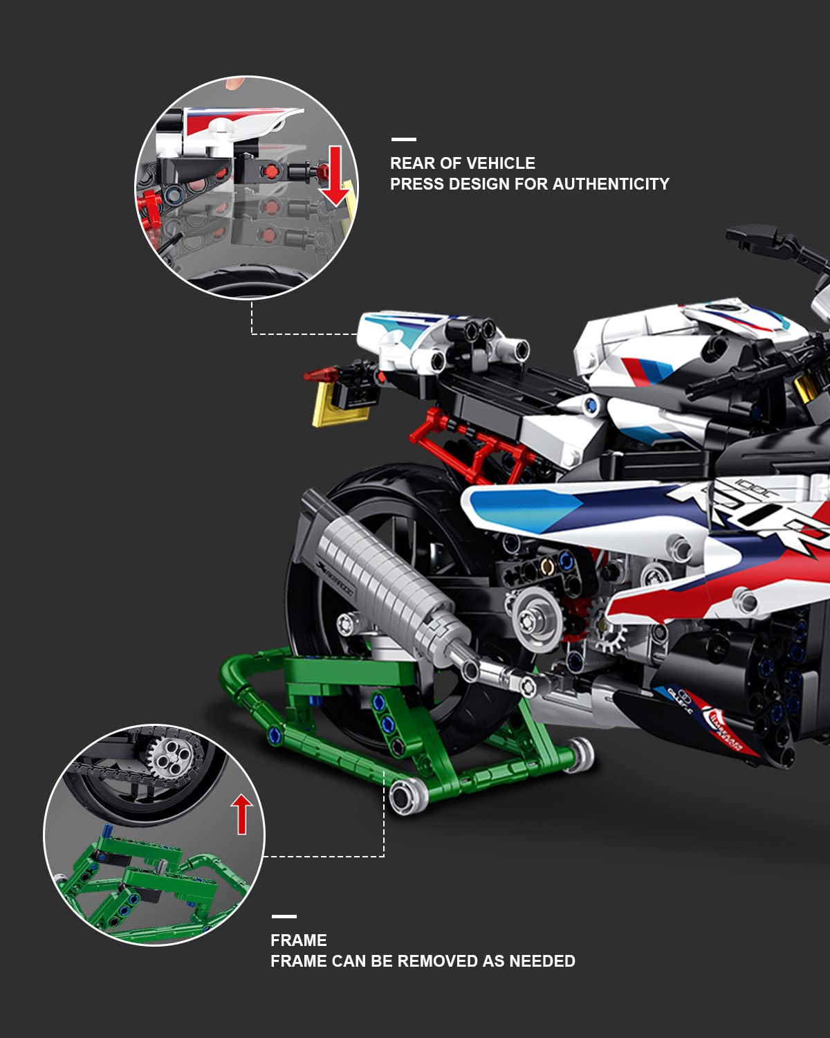 dOvOb Motorcycle 1000 RR model close-up highlights color-diverse bricks