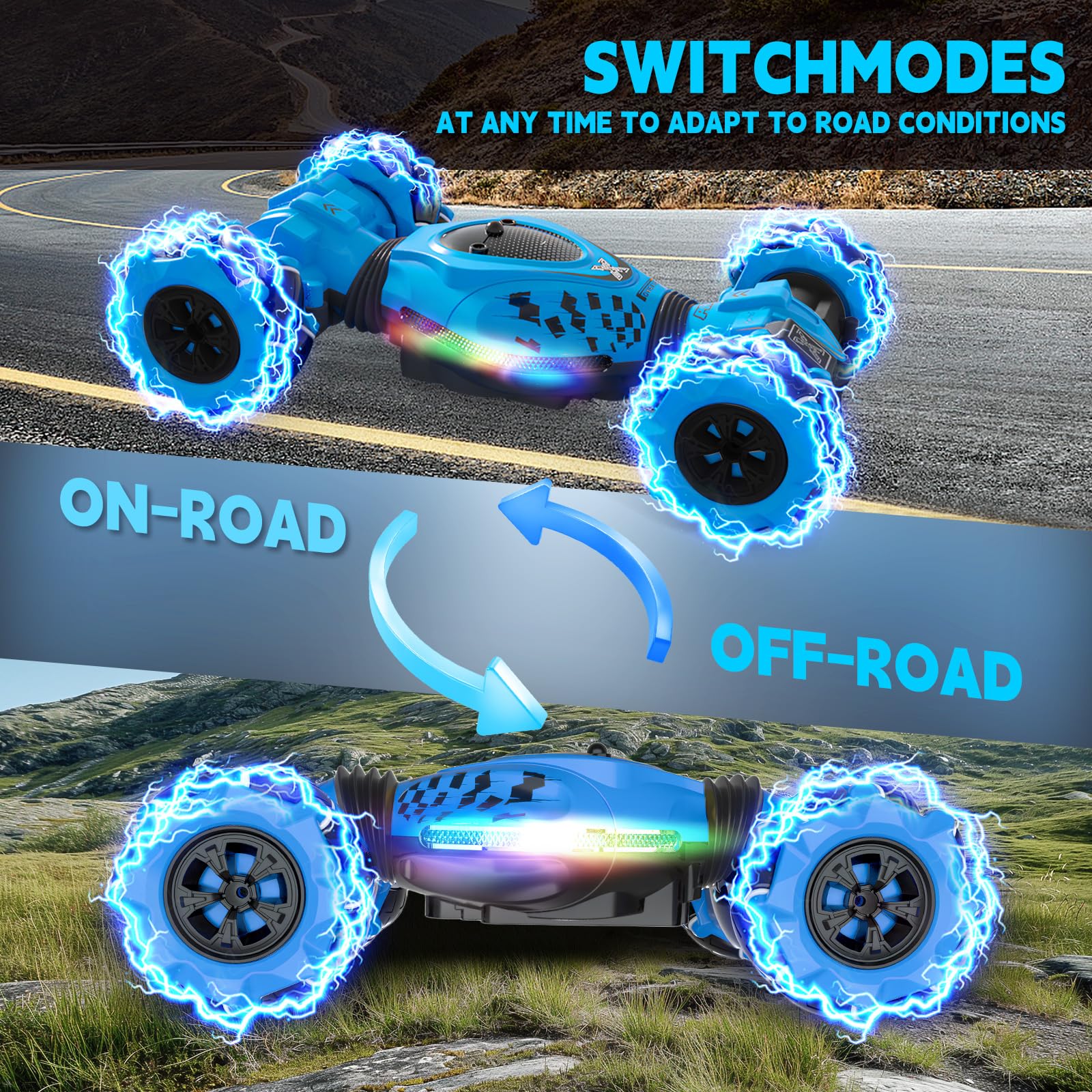 DOVQISK all-terrain-tires RC car conquers pavement and dirt with traction.