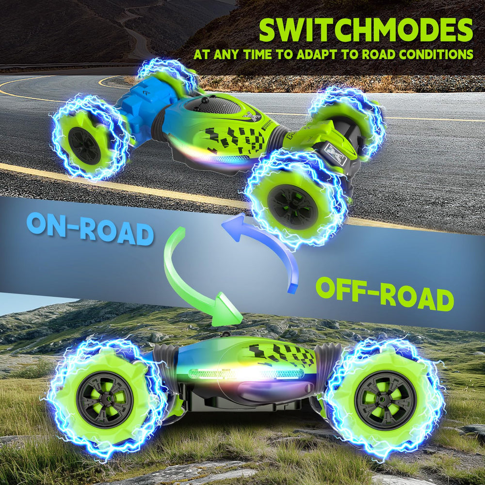 DOVQISK RC drift car with bright LED lights for night-time action.