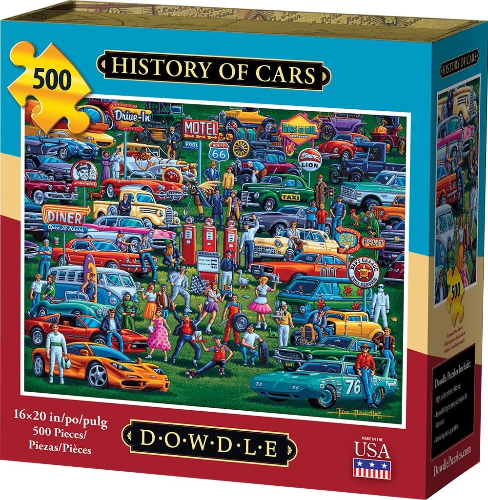 Dowdle History of Cars puzzle cover image, inviting family game night and vivid automotive storytelling.