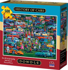 Dowdle History of Cars puzzle cover image, inviting family game night and vivid automotive storytelling.