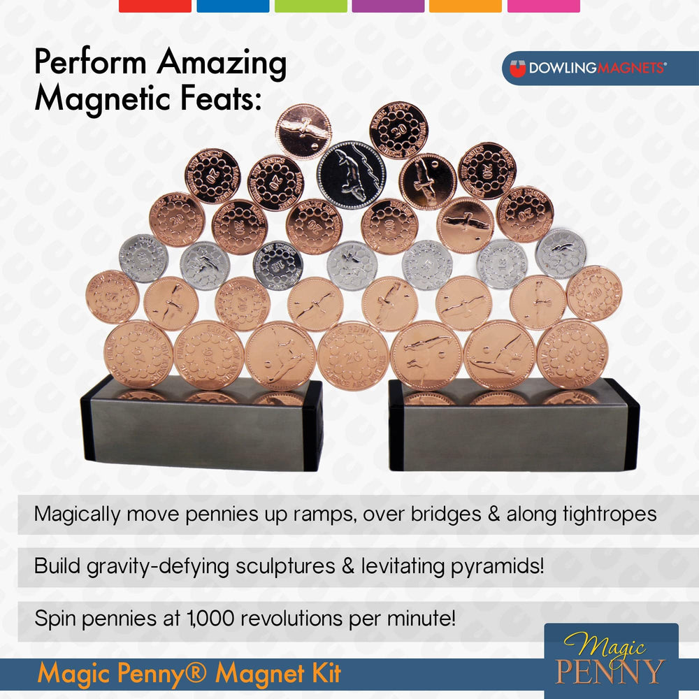 Two powerful magnets and thirty-five coins enable gravity-defying sculptures.