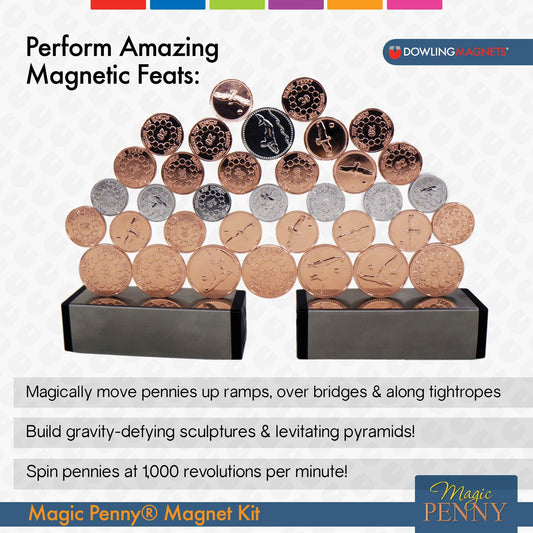 Two powerful magnets and thirty-five coins enable gravity-defying sculptures.