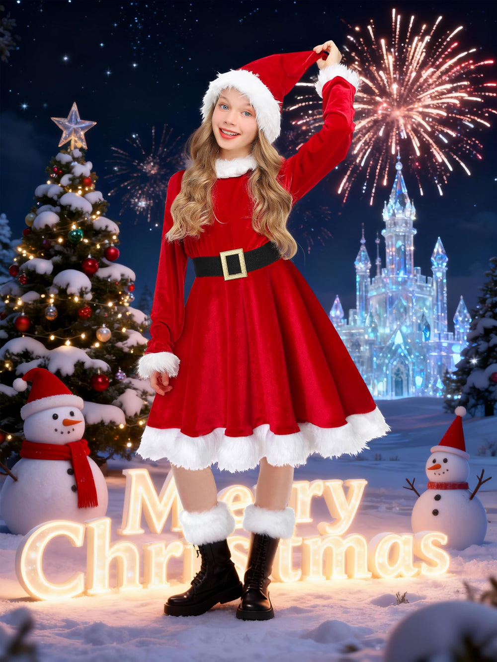 Doxrmuru Mrs Santa hat detail enhances festive look.