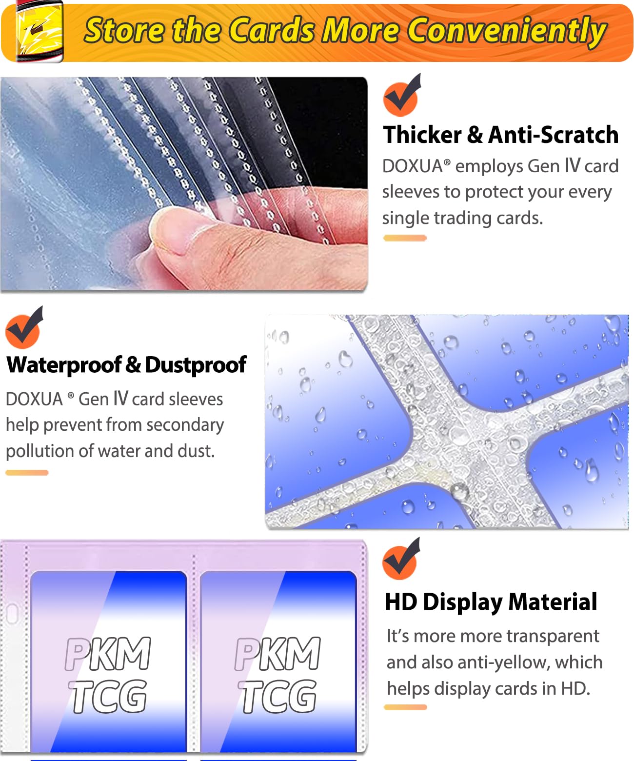 DOXUA archival-grade PP sleeves protect cards and reduce wear.