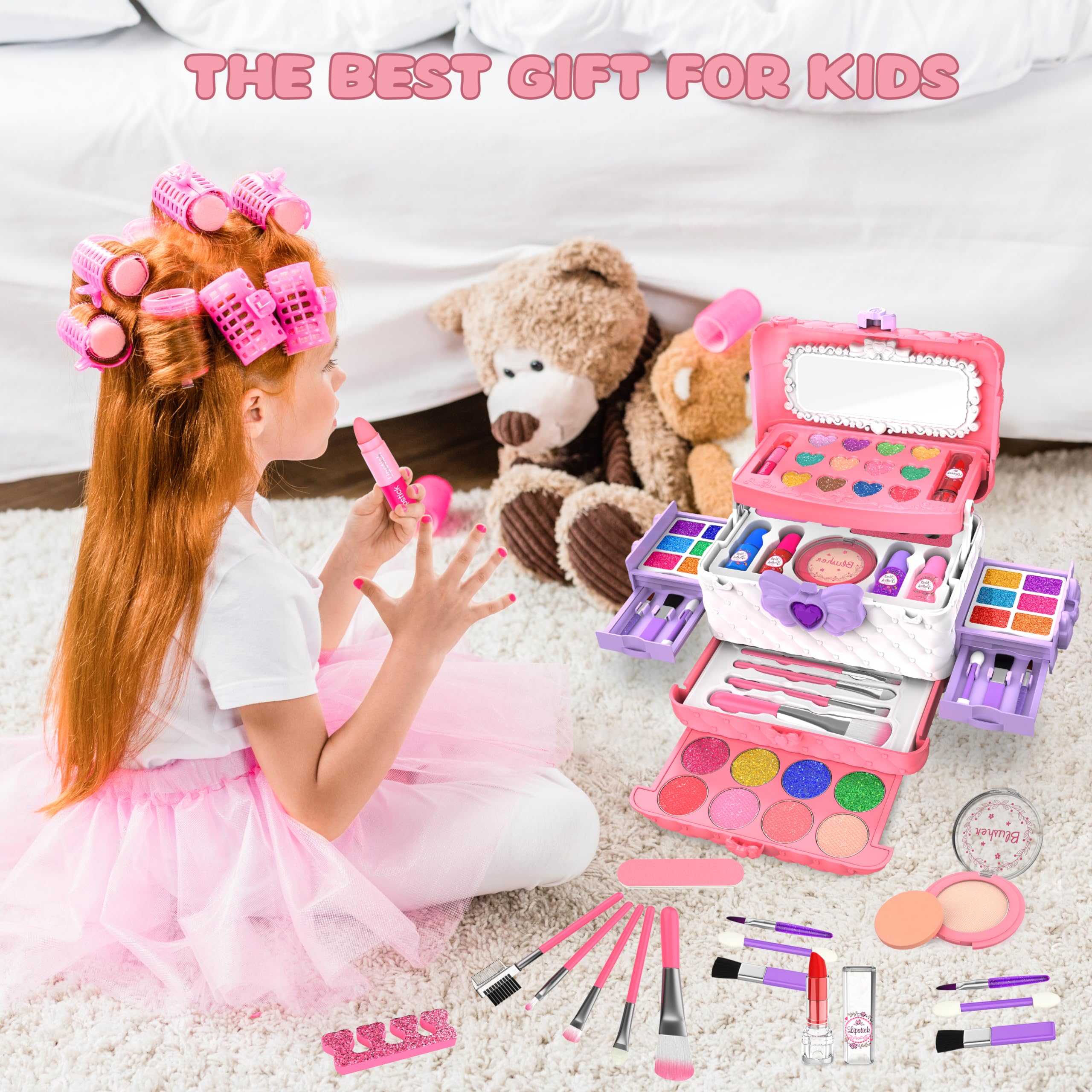 Dpai makeup kit includes brushes and accessories for complete pretend play.