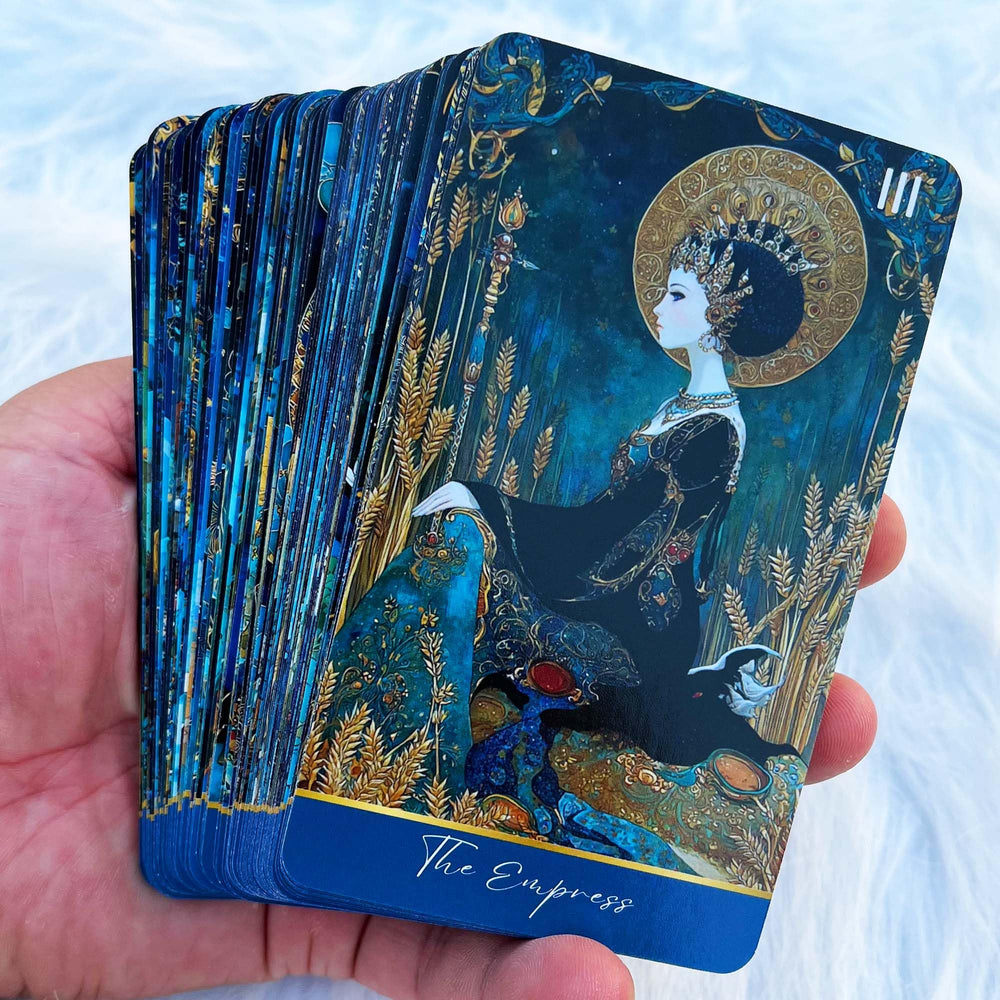 Close-up of Azure Arcana cards with gold accents for focus