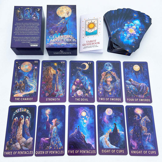 DPEHAKMK Celestial Tarot moonlit artwork enhances intuitive connection during spreads.